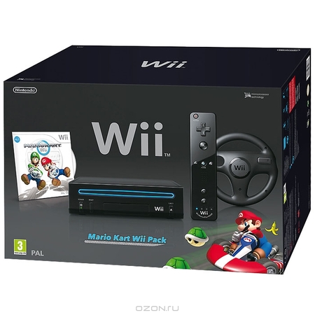 Игровая консоль Nintendo Wii + игра "Wii Mario Kart" + руль "Wii Wheel" + игровой контроллер Wii Remote Plus + игровой контроллер Wii Nunchuk (черная)